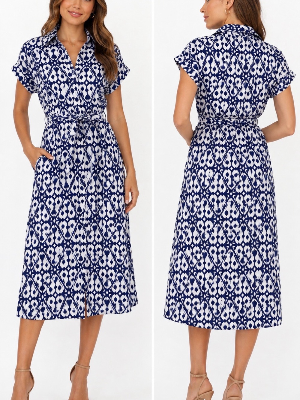 Jewel Badgley Mischka NWT Blue White Ikat Belted Midi Shirt Dress S